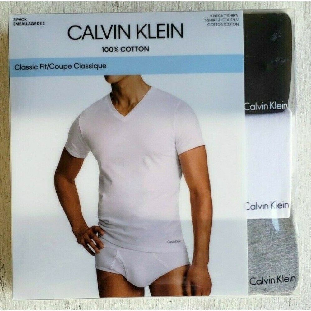 CALVIN KLEIN Men's M White Grey Black 3 PACK Classic Undershirt T-Shirt V-NECK